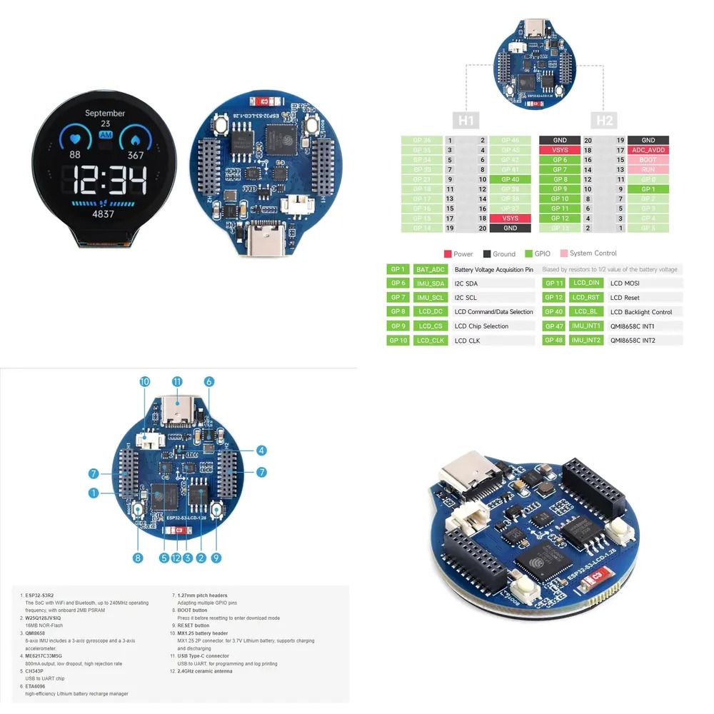Esp32 - ESP32-S3 LCD geliştirme kartı 1.28 inç